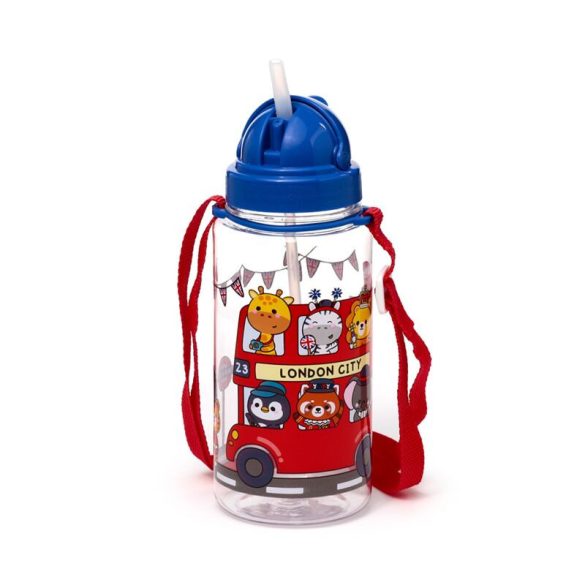 Kulacs Szívószállal 450ml, Ütésálló - Édes Állatok London Buszon (Pucator, SPBOT05)
